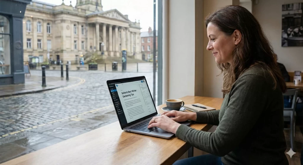 content writing, orange dots