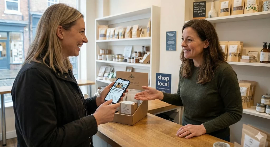 shop local, orange dots content writing